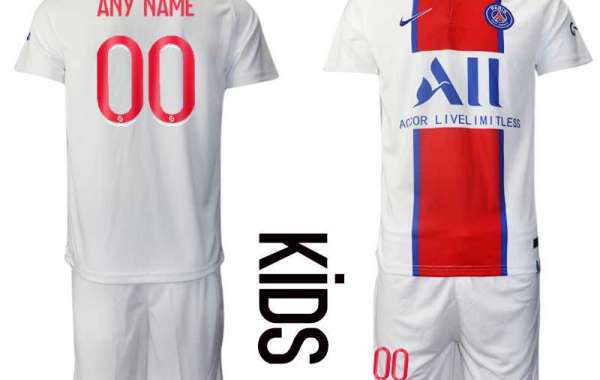 Kinder Paris Saint Germain PSG Auswärtstrikot 2020-21 weiß rot blau Trikotsatz Günstige Fußballtrikots