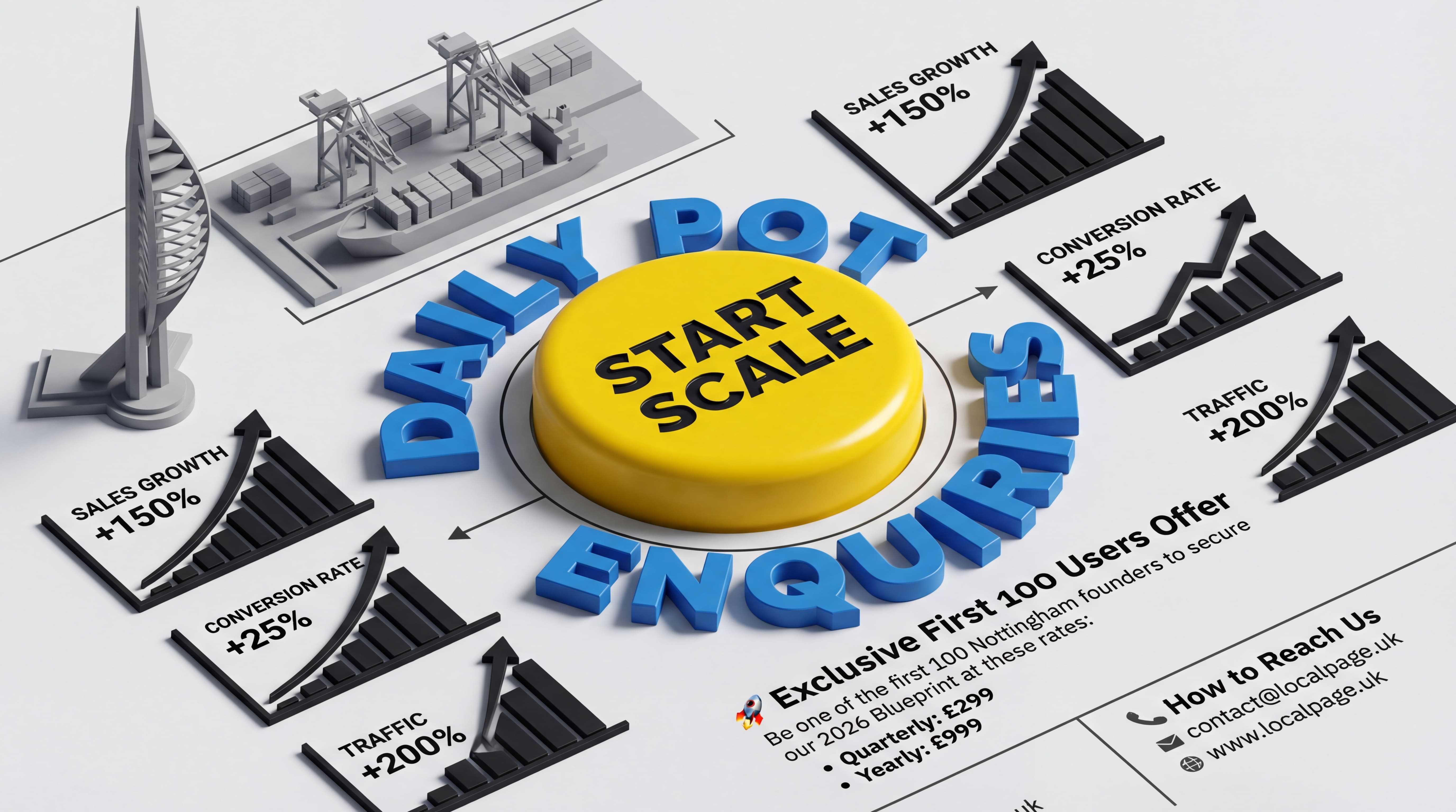 A professional workspace overlooking the Portsmouth Spinnaker Tower, featuring a laptop displaying the "Zero to Enquiries" blueprint and a mobile phone with notification alerts for new customer orders.